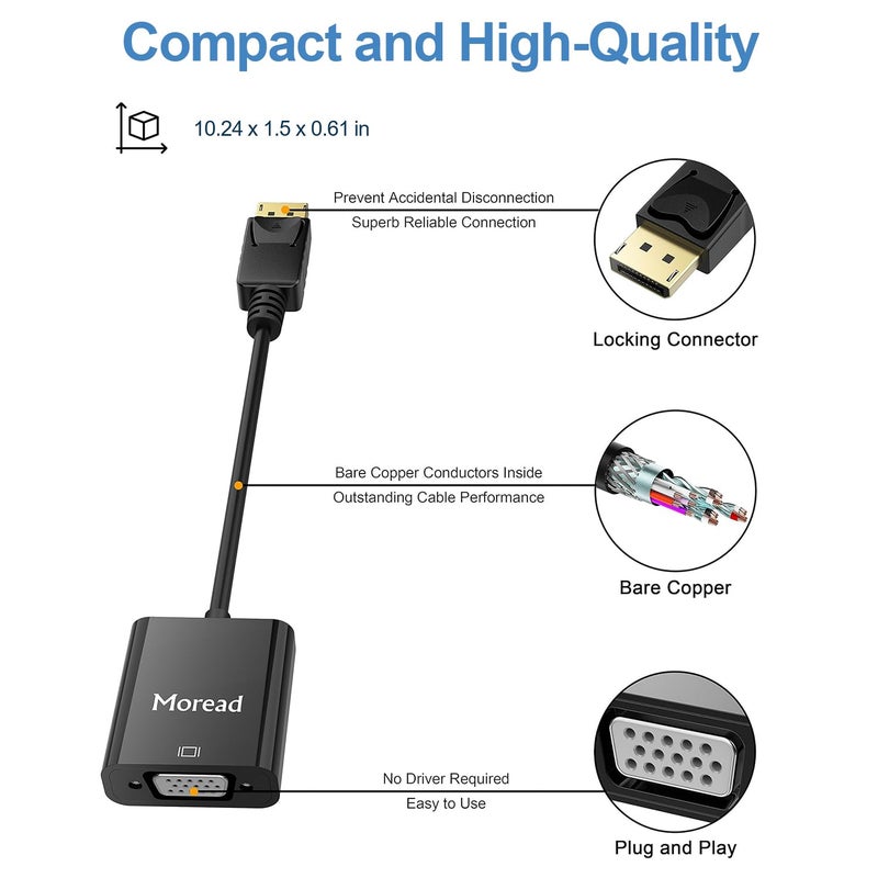 Moread DisplayPort (DP) to VGA Adapter, 10 Pack, Gold-Plated Display Port to VGA Adapter (Male to Female) Compatible with Computer, Desktop, Laptop, PC, Monitor, Projector, HDTV - Black - Image 2
